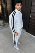 Erkek Çift Şeritli Eşofman Takım Dik Yaka Fermuarlı weatshirt Boru Paça Alt, Oversize 3 Iplik Pamuklu  Beyaz thumbnail 1