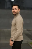 Erkek Balıkcı Yaka Bağazlı Triko Kazak Pamuklu Kalın Fitilli Dokuma, Regular Fit Uzun Kollu Kışlık odel  Bej thumbnail 2