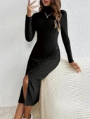 Kadın Uzun Kollu Balıkçı Yaka Yırtmaçlı Düğmeli şardonlu Kaşkorse Elbise thumbnail 1