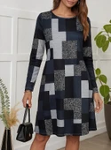 Kadın Uzun Kollu Yuvarlak Yaka Geometrik Süprem Elbise thumbnail 1