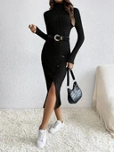 Kadın Uzun Kollu Balıkçı Yaka Yırtmaçlı Düğmeli şardonlu Kaşkorse Elbise thumbnail 2