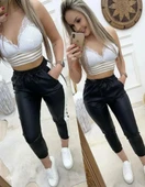 Kadın Yüksek Bel Lastikli Yan şerit Detaylı Deri Pantolon thumbnail 3