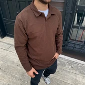 Erkek Fitilli Polar weatshirt – Düğmesiz Polo Yaka, Oversize Rahat Kalıp, Kalın Polar Kumaş, Kışlık Ve Baharlık Şık Günl thumbnail 3