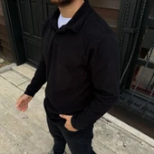 Erkek Fitilli Polar weatshirt – Düğmesiz Polo Yaka, Oversize Rahat Kalıp, Kalın Polar Kumaş, Kışlık Ve Baharlık Şık Günl thumbnail 4