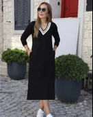 Kadın Uzun Kollu V şerit Yakalı Viskon Iki Iplik Elbise thumbnail 2