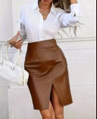 Kadın Yüksek Bel Yırtmaçlı Mini Deri Etek thumbnail 2