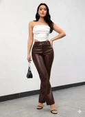 Kadın Yüksek Bel Cepli Deri Pantolon thumbnail 2