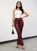 Kadın Yüksek Bel Cepli Deri Pantolon thumbnail 2