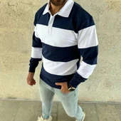 Erkek Polo Yaka Uzun Kollu Çizgili weatshirt Trend Rugby til  acivert thumbnail 2