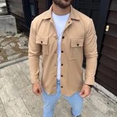 Erkek Diagonal Kumaş Cepli Çıtçıtlı Uzun Kollu, Gömlek Oversize Rahat Kalıp Günlük Şık til  Bej thumbnail 3