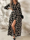 Kadın Uzun Kollu Yakalı önü Düğmeli Desenli Belden Kuşaklı Uzun Süprem Elbise thumbnail 3