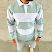 Erkek Polo Yaka Uzun Kollu Çizgili weatshirt Trend Rugby til  Çağla Yeşili thumbnail 2