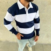 Erkek Polo Yaka Uzun Kollu Çizgili weatshirt Trend Rugby til  acivert thumbnail 3