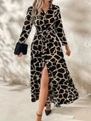 Kadın Uzun Kollu Yakalı önü Düğmeli Desenli Belden Kuşaklı Uzun Süprem Elbise thumbnail 2