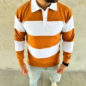 Erkek Polo Yaka Uzun Kollu Çizgili weatshirt Trend Rugby til  Turuncu thumbnail 2