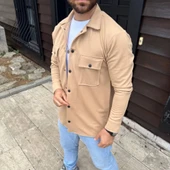 Erkek Diagonal Kumaş Cepli Çıtçıtlı Uzun Kollu, Gömlek Oversize Rahat Kalıp Günlük Şık til  Bej thumbnail 2