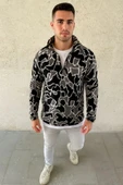 Erkek Yarım Fermuarlı Desenli Polar weat Yakalı, Uzun Kollu, Oversize Rahat Kalıp  iyah thumbnail 1