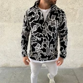 Erkek Yarım Fermuarlı Desenli Polar weat Yakalı, Uzun Kollu, Oversize Rahat Kalıp  iyah thumbnail 4