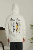 Oversize Üç İplik Şardonlu Kapüşonlu weatshirt – Beyaz “Other ives” Ön Ve Arka Baskılı, Kanguru Cepli, Ribanalı Rahat Kı thumbnail 1