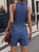 Kadın Sıfır Kollu Yakalı Düğmeli Belden Kuşaklı Kısa Keten Tulum thumbnail 5