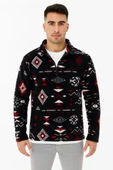 Erkek Yarım Fermuarlı Desenli Polar weat Tribal Etnik Desen Yakalı, Uzun Kollu, Oversize Rahat Kalıp,  iyah thumbnail 1
