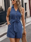 Kadın Sıfır Kollu Yakalı Düğmeli Belden Kuşaklı Kısa Keten Tulum thumbnail 2