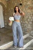 Vesna Keten Çizgili Crop Takım 98060025 thumbnail 1
