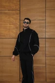 Erkek Premium Parçalı Eşofman Takım  Dik Yaka Fermuarlı Biyeli weatshirt astik Paça Alt, Oversize 3 Iplik Şardonlu  iyah thumbnail 1