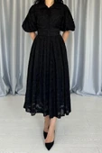 Siyah Kemerli Balon Kollu Elbise thumbnail 3
