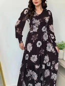 Kadın Uzun Kollu V Yakalı çiçek Desenli Maxi Süprem Elbise thumbnail 2