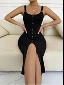 Kadın Kolsuz Askı Halka Detay önü Düğmeli Midi Boy Yırtmaçlı Fitilli Kaşkorse Elbise thumbnail 1