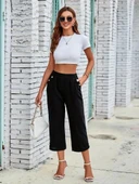 Kadın Beli Lastikli Düğme Ve Cep Detaylı Kapri Ithal Keten Pantolon thumbnail 2