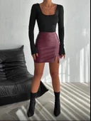 Kadın Yüksel Bel Yırtmaç Detay ini Deri Etek thumbnail 4