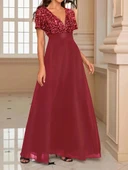 Kadın Kısa Kollu Derin V Yakalı A Kesim Pulpayet Detaylı şifon Nedime Elbisesi thumbnail 5