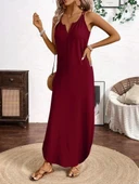 Kadın Askılı Yuvarlak Yaka Asimetrik Detaylı Viskon Elbise thumbnail 2