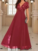 Kadın Kısa Kollu Derin V Yakalı A Kesim Pulpayet Detaylı şifon Nedime Elbisesi thumbnail 2