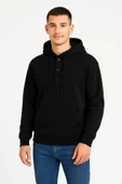 Erkek Ovarsize Kapüşonlu wetshirt Kanguru Çepli Cıtcıtlı 3 Iplik Şardonlu Hoodie  iyah thumbnail 3