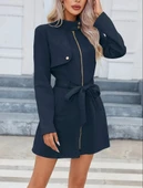 Kadın Uzun Kollu Boyundan Düğmeli Fermuarlı Beli Kuşaklı Süet Ceket thumbnail 2