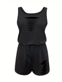 Kadın Askılı Yuvarlak Yaka Lazer Kesim Detaylı Bağcıklı Kısa Viskon Tulum thumbnail 4