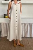 KETEN ÖNDEN DÜĞELİ KOLSUZ GÖLEK YAKA ELBİSE  Beyaz thumbnail 2