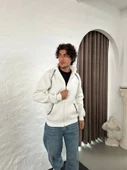 Erkek Oversize Dik Yaka Fermuarlı weatshirt  Zincir Nakışli Kanguru Cepli  Beyaz thumbnail 4