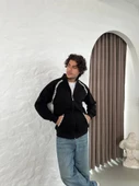 Erkek Oversize Dik Yaka Fermuarlı weatshirt  Zincir Nakışli Kanguru Cepli  iyah thumbnail 2
