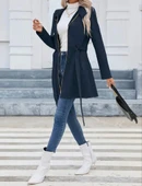 Kadın Uzun Kollu Boyundan Düğmeli Fermuarlı Beli Kuşaklı Süet Ceket thumbnail 4