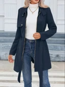 Kadın Uzun Kollu Boyundan Düğmeli Fermuarlı Beli Kuşaklı Süet Ceket thumbnail 3