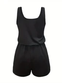 Kadın Askılı Yuvarlak Yaka Lazer Kesim Detaylı Bağcıklı Kısa Viskon Tulum thumbnail 5