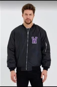 Unisex Uzun Kol Baskılı Bomber Ceket  iyah thumbnail 1