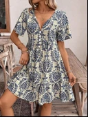 Kadın Kısa Kollu Yakadan Bağcıklı Desenli Fırfırlı Süprem Elbise thumbnail 2