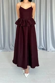 Bordo Beli Büzgülü İnci Askılı Uzun Elbise thumbnail 4