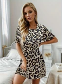 Kadın Kısa Kollu Bisiklet Yaka Leopa Desen Süprem Elbise thumbnail 3
