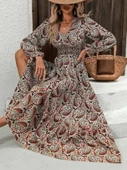 Kadın Uzun Kollu V Yakalı Beli Lastikli Desenli Süprem Elbise thumbnail 1